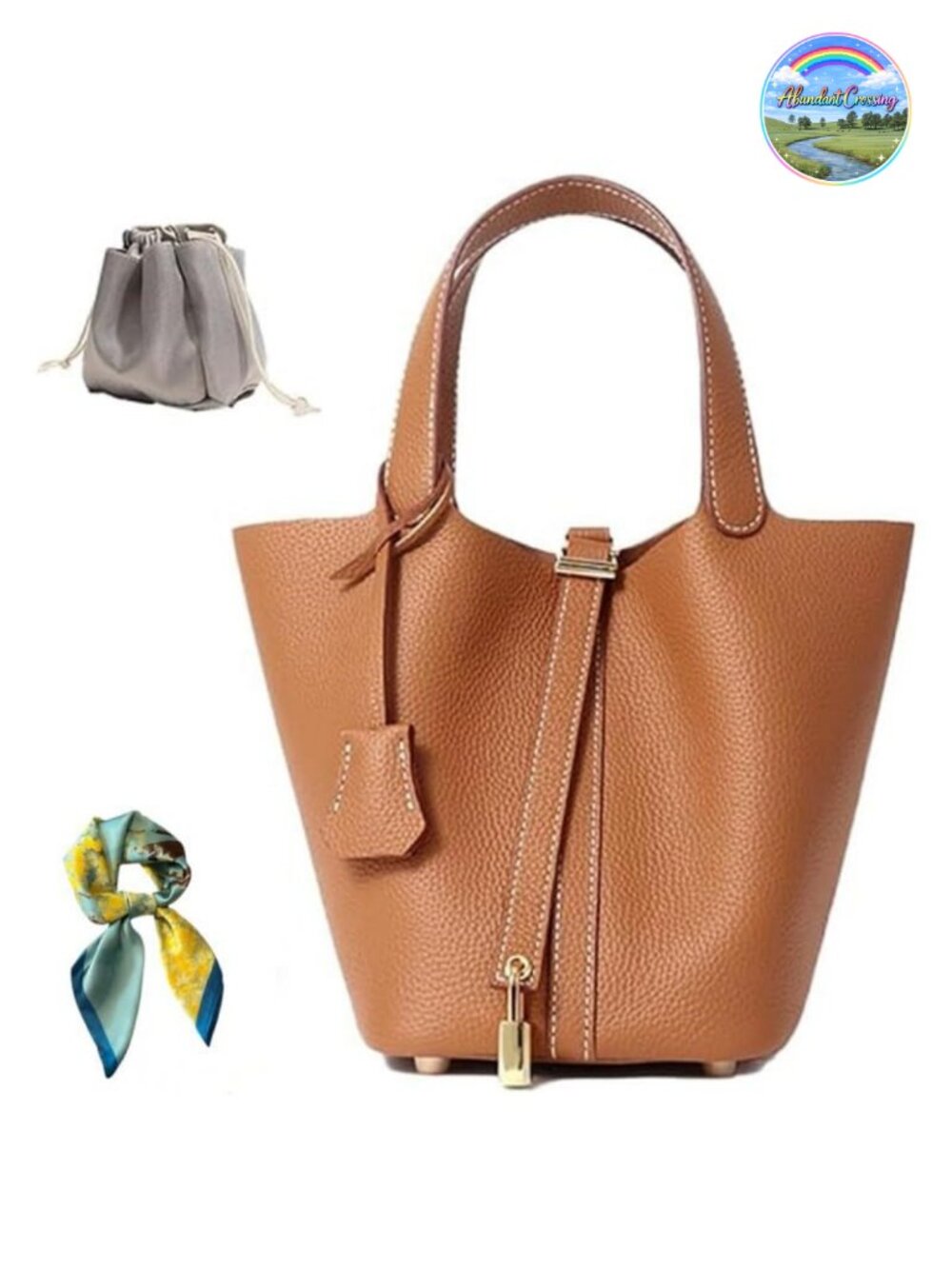 Genuine Leather Bucket Bag Women Lock Design Shoulder Handbag Top-Handle Tote